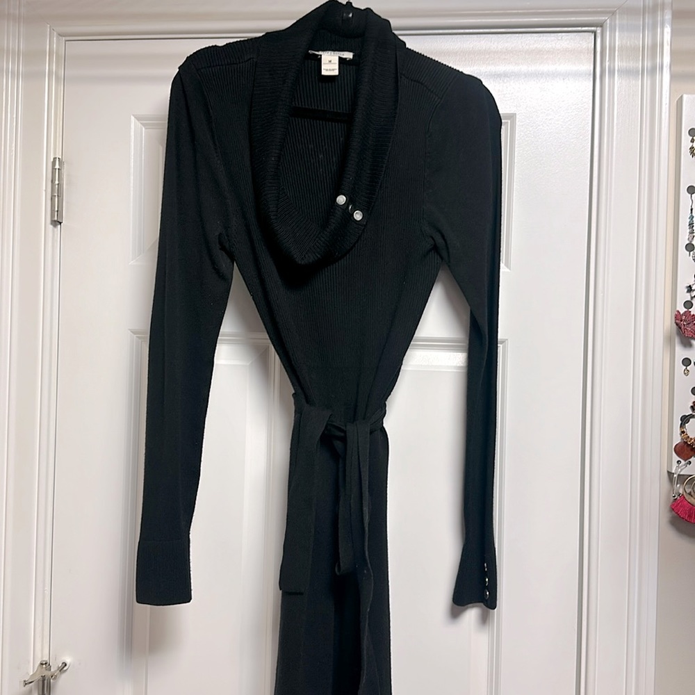 WHBM black M sweater dress, cowl neck and waist tie